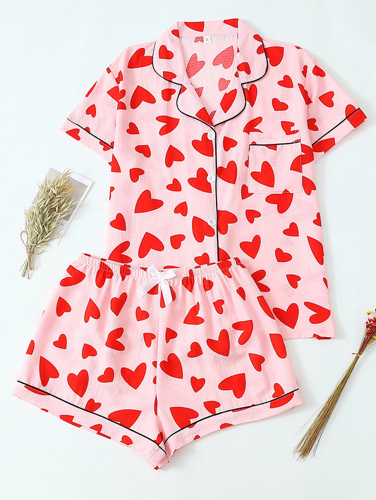 [Valentine's Day] Two-Piece Set of Comfortable Heart-Shaped Lapel Button-Down Short-Sleeve Top and shorts